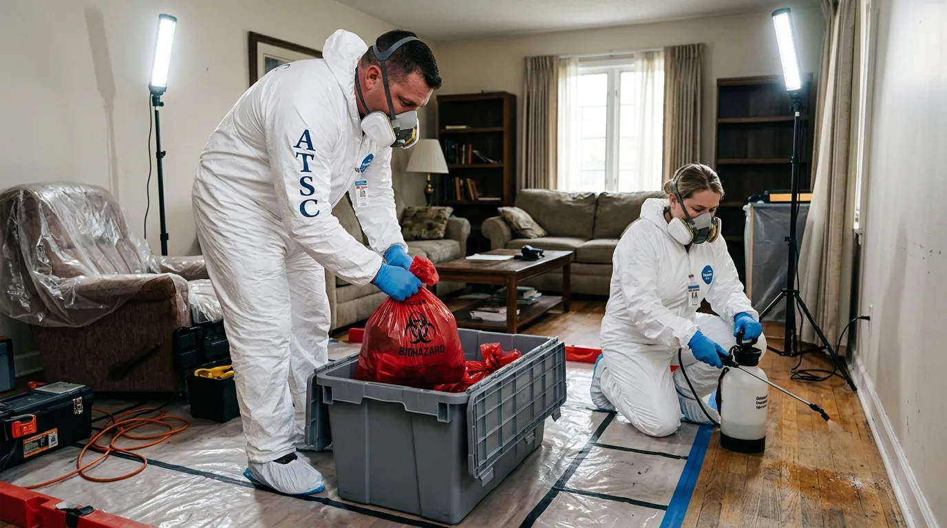 Professional Biohazard Cleanup technician in full PPE working in West Carson